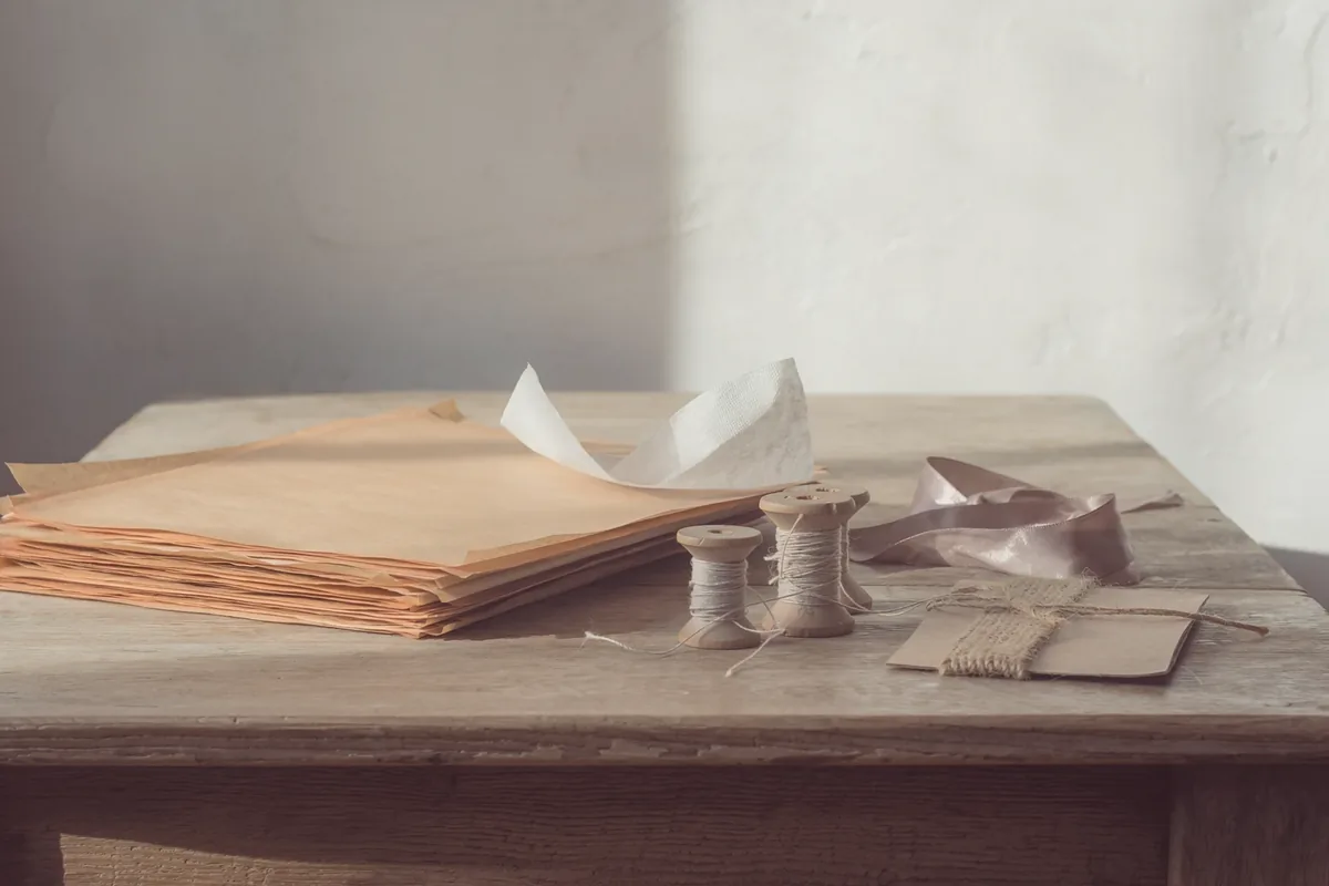 A stack of tan paper and wooden spools of thread on a work table.