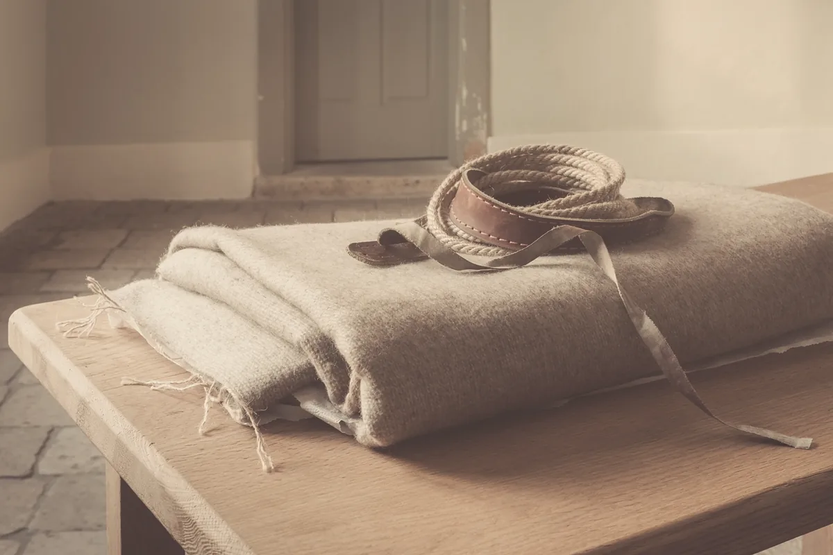 A folded wool blanket and a coiled lead on a stone-flagged floor.
