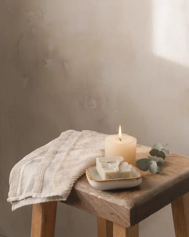 A folded towel, a bar of soap and a lit candle on a low stool beside a bath.