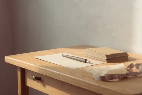 Blank cards and a fountain pen on a waxed oak desk.