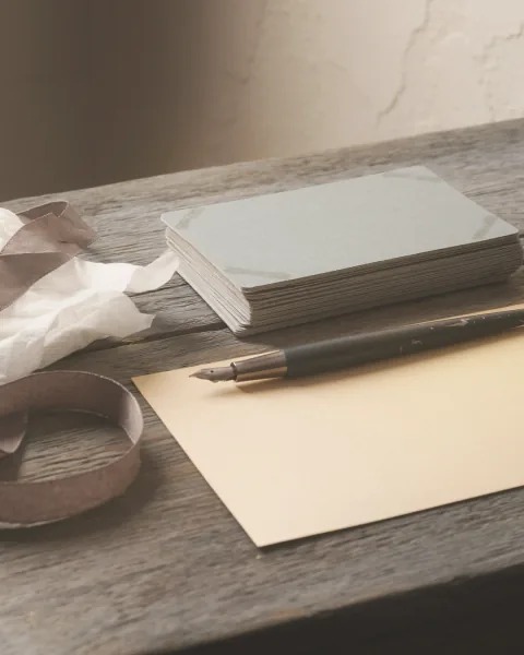 Blank cards and a fountain pen on a waxed oak desk.
