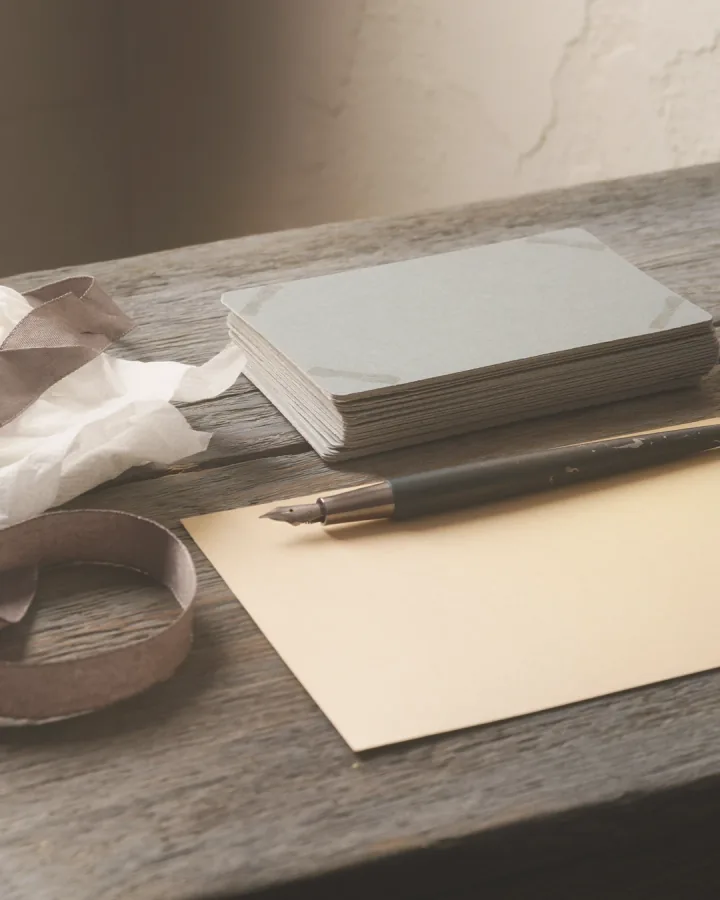 Blank cards and a fountain pen on a waxed oak desk.