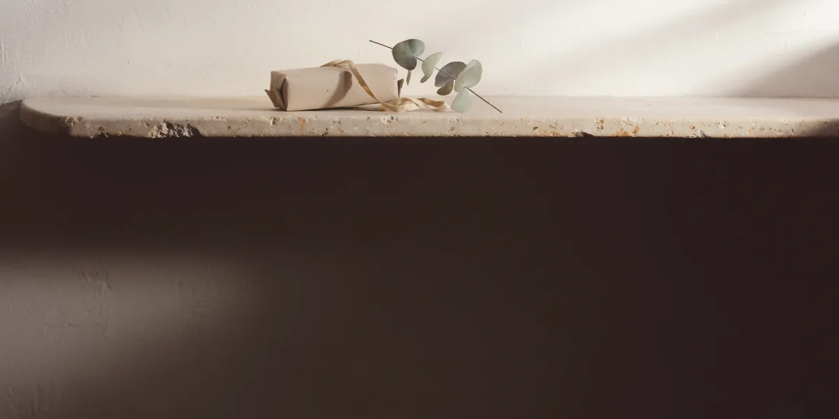 A paper-wrapped parcel with a loose ribbon and a eucalyptus sprig on a stone shelf.