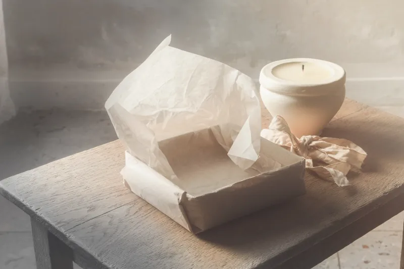 A half-unwrapped paper parcel and an unlit candle on an oak table