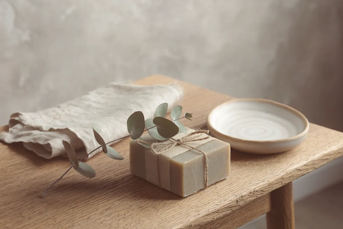 A bar of soap wrapped in paper and tied with string, a eucalyptus sprig across it.