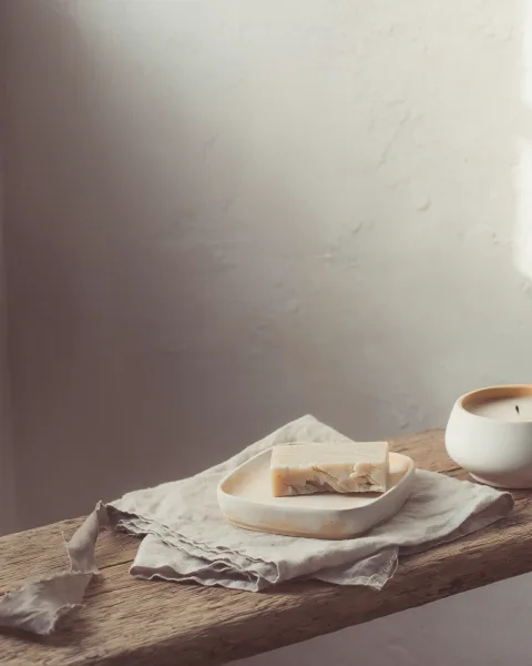 A bar of soap on a shallow ceramic dish, a folded linen cloth and an unlit candle in a small pot, on a worn oak bench.