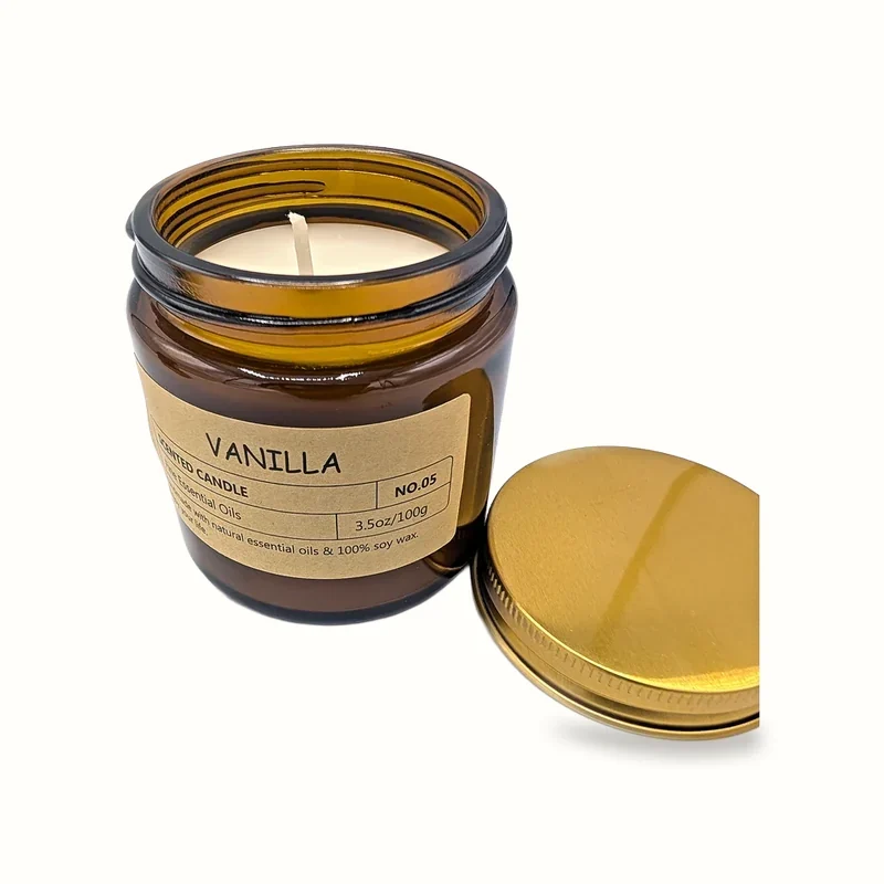 Vanilla scented jar candle in amber glass, 100g